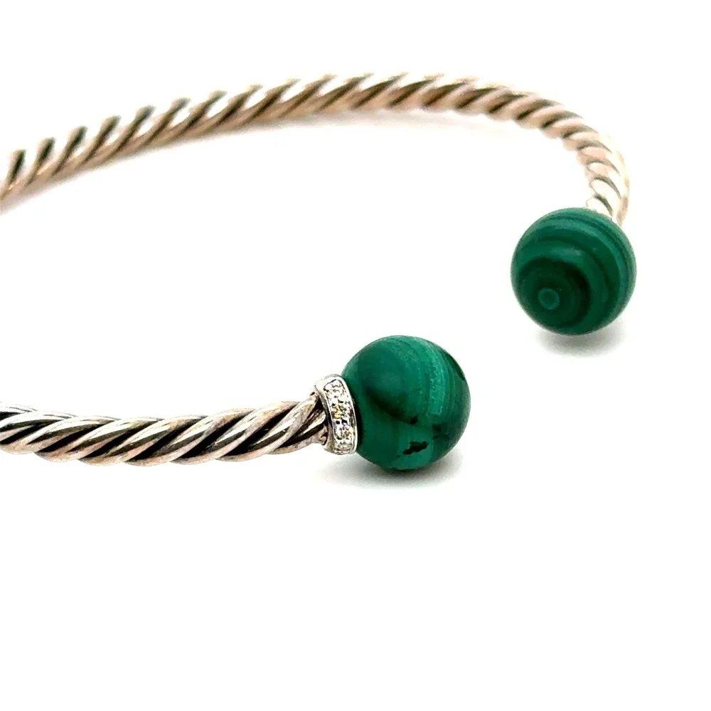 David Yurman Solari Malachite Diamond Sterling Silver Cable Bypass Bracelet M